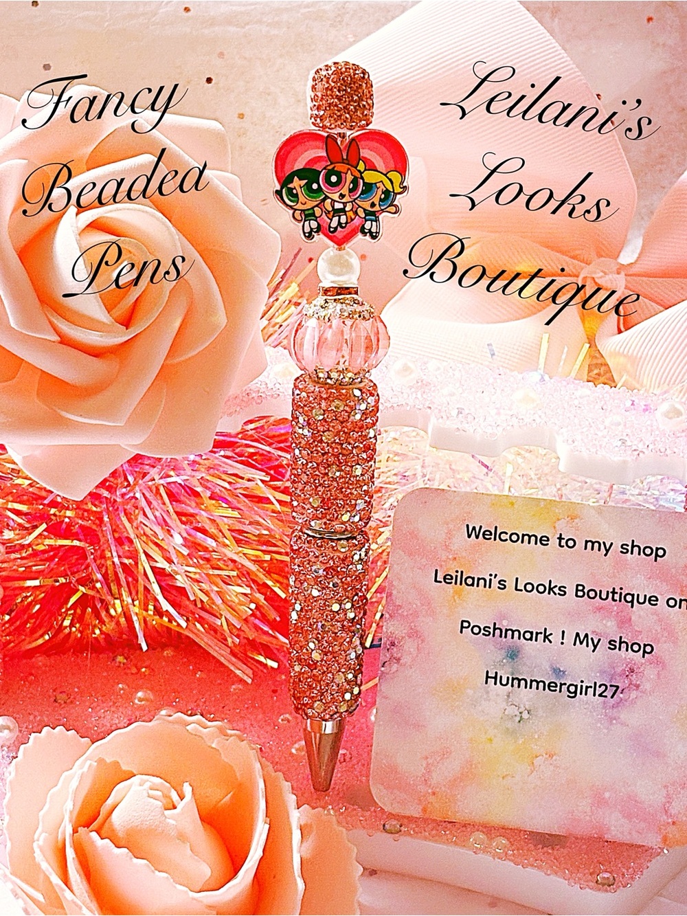 Pink Beaded Fancy Ballpoint Pen/pink beads/power puff girls/